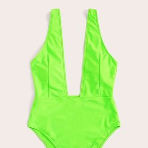 Neon Lime Plunge Neck One Piece Swimsuit